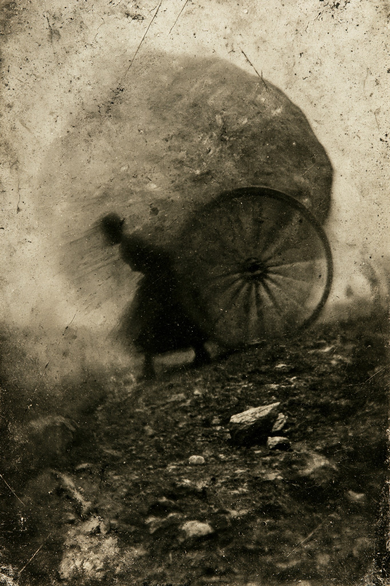 Damaged victorian era photograph surreal image of Sisyphus with...