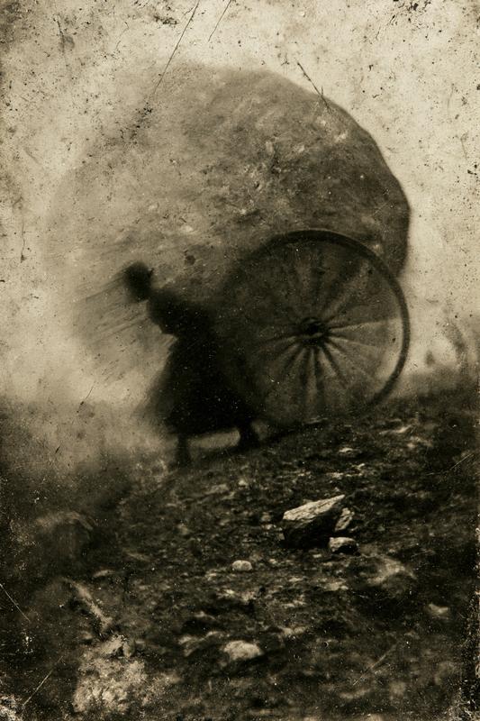 Damaged victorian era photograph surreal image of Sisyphus with...