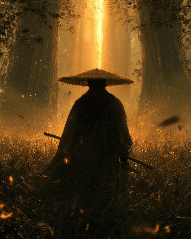 A lone ronin standing in a dense field of...