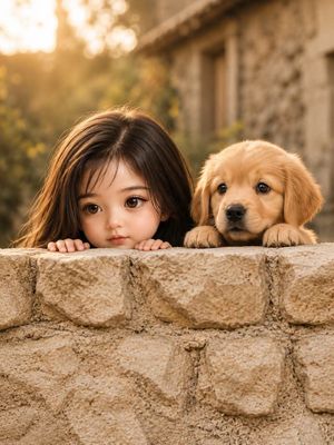 石墙后的女孩与金毛寻回犬
