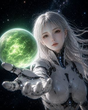 手持绿色星球的女性仿生人