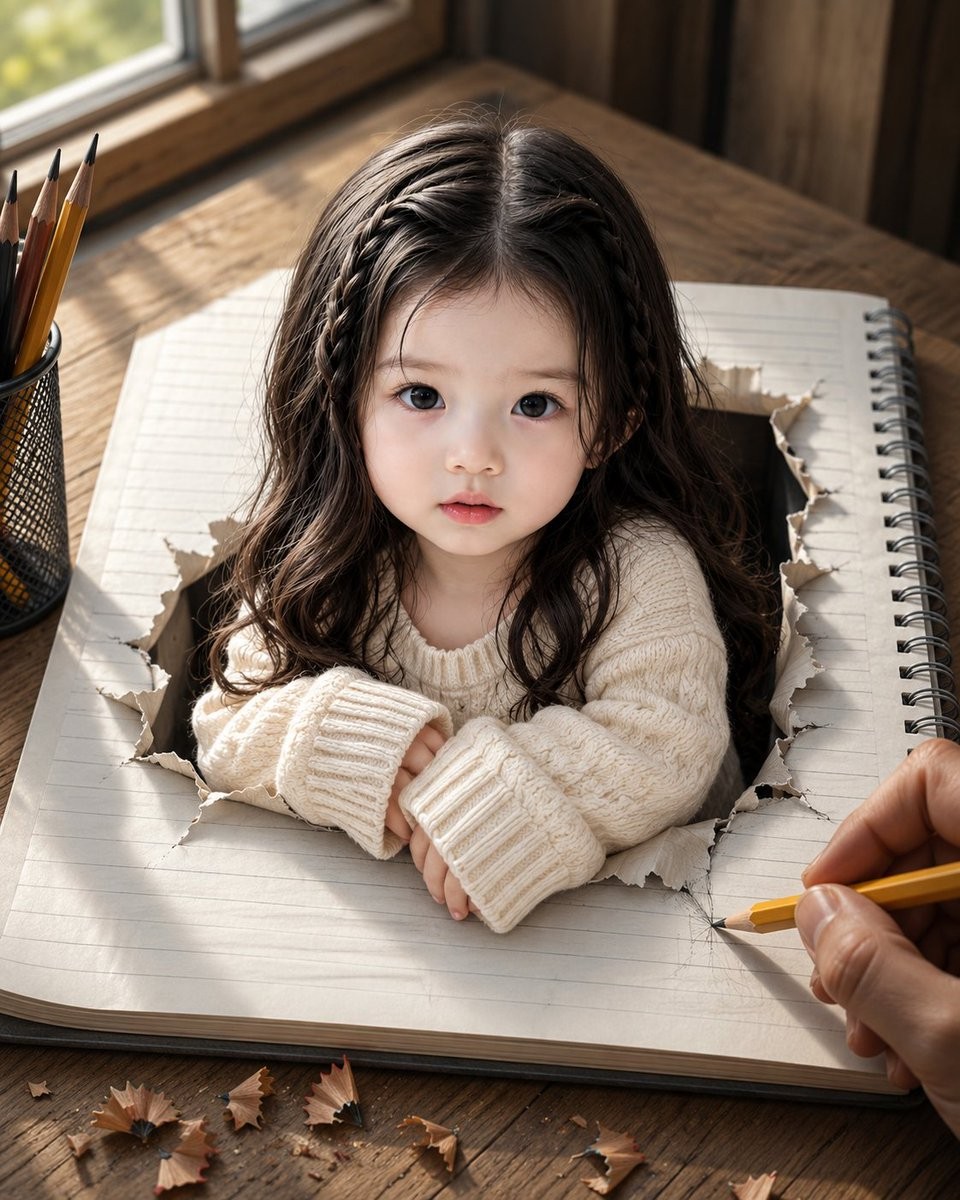 Girl Emerging From Torn Notebook