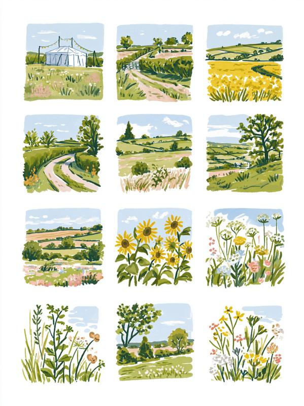 Square illustrated tiles Each tile is separated from its...
