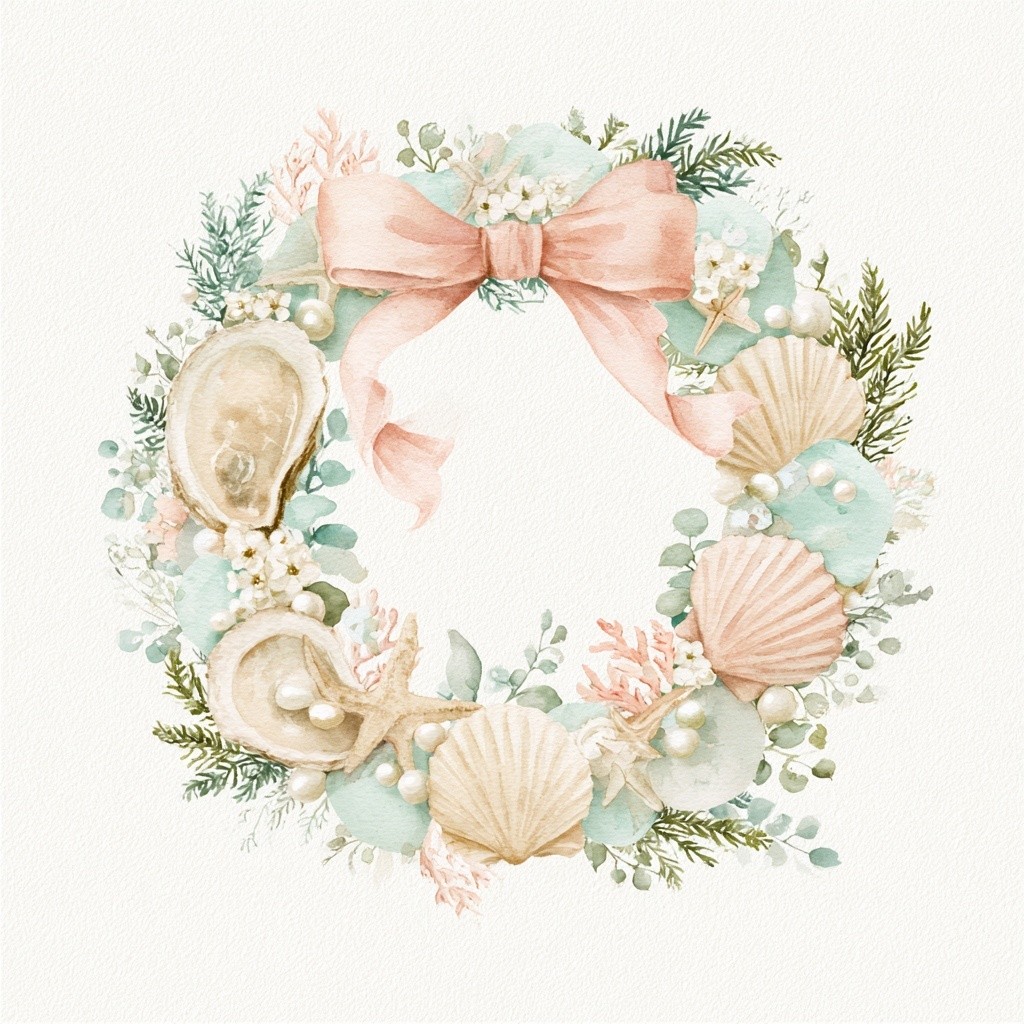 Whimsical coastal Christmas watercolor clipart of an elegant holiday...