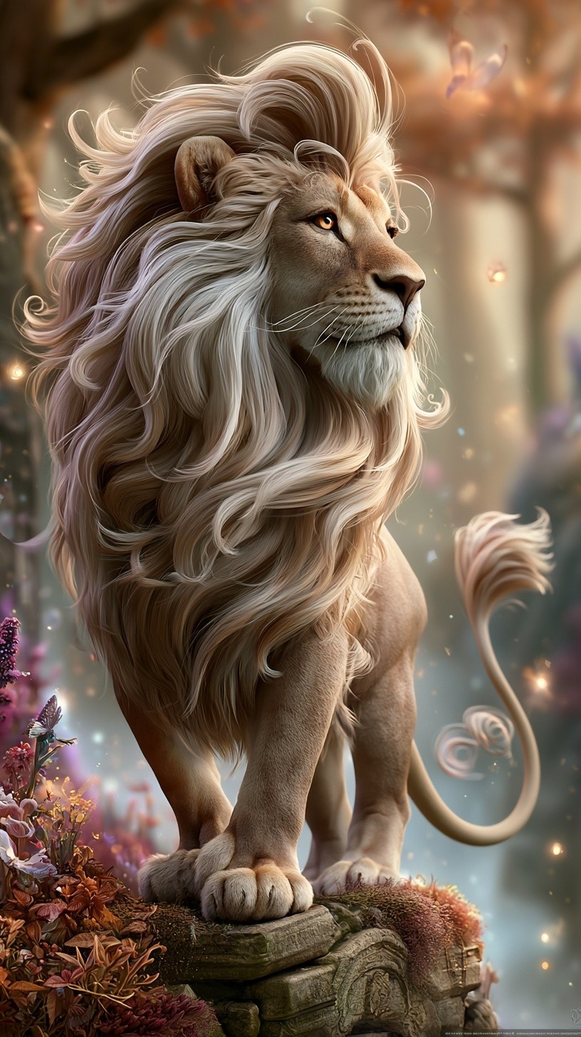 A majestic fantasy lion king with a magnificent golden...