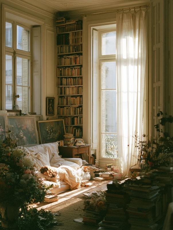 A retro French-style living room filled with a cinematic...