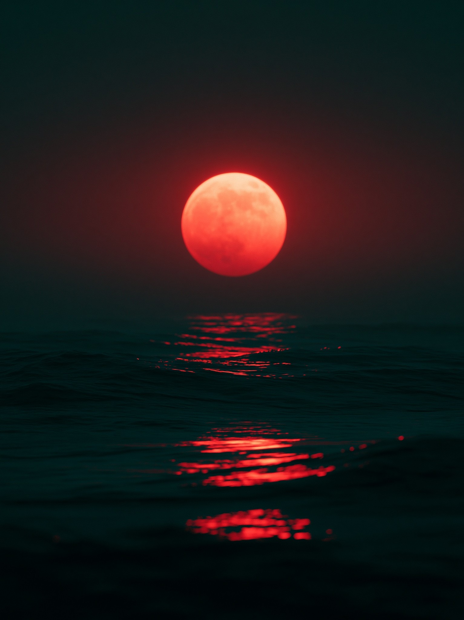 a glowing red moon eclipse sillhouette above a black...