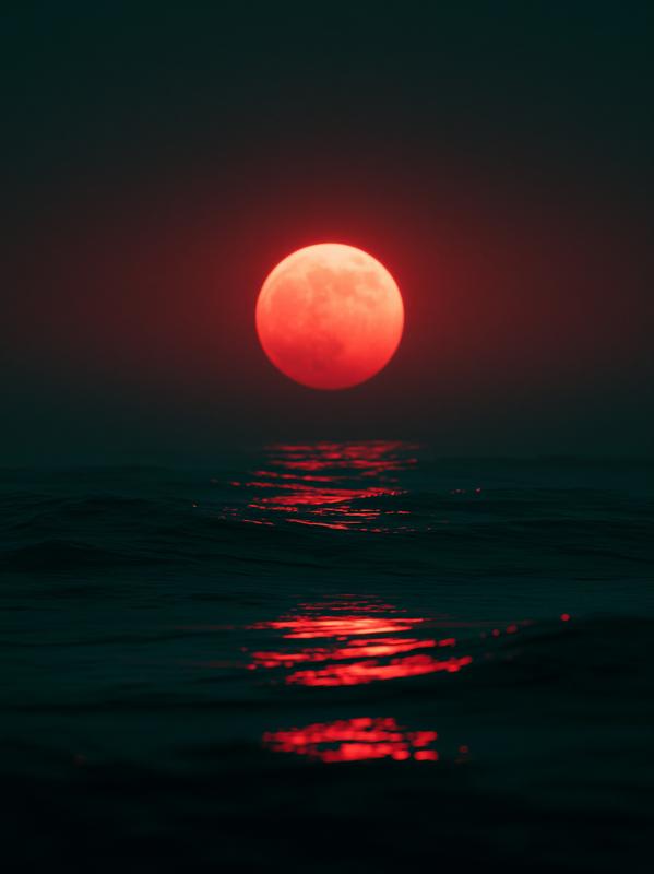 a glowing red moon eclipse sillhouette above a black...