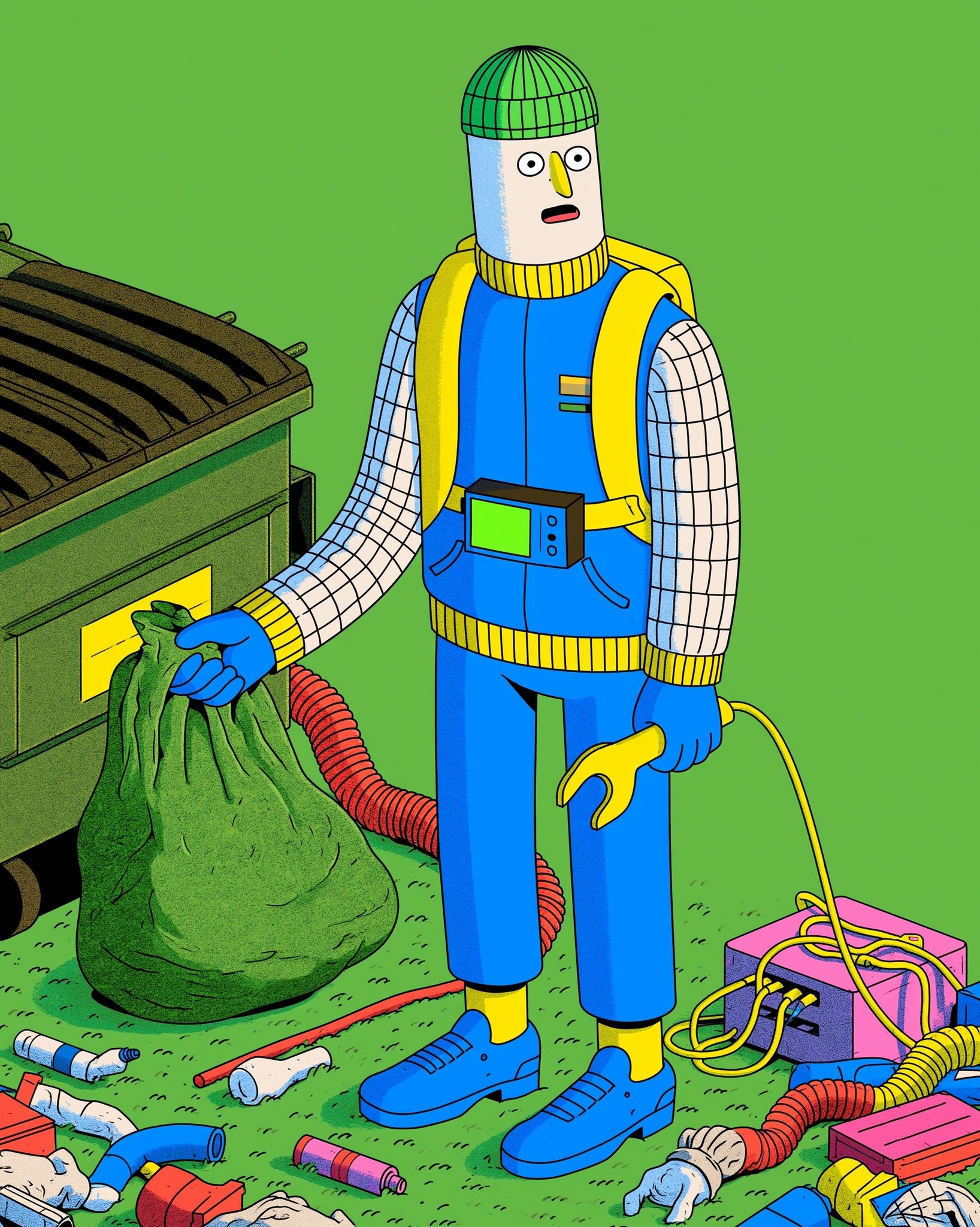 Dumpster diving clean vector lines bold colors minimal detail...