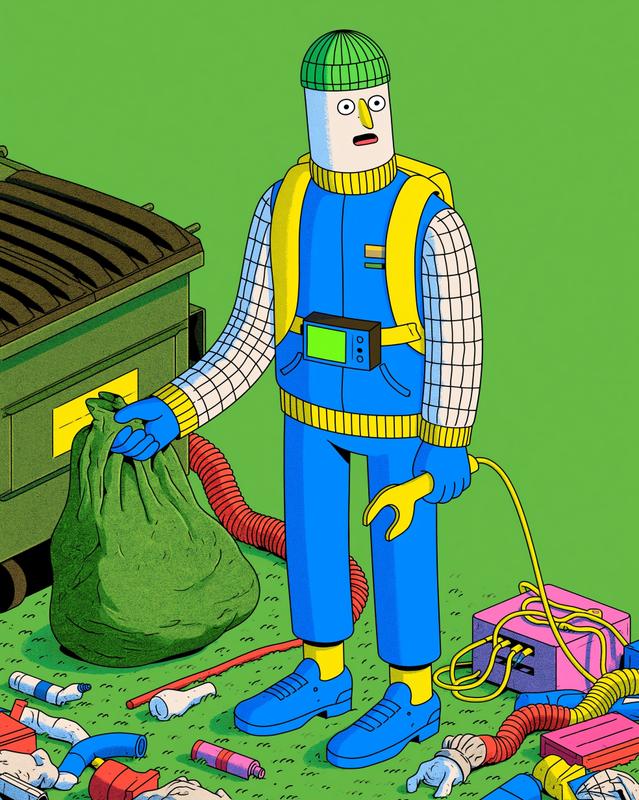 Dumpster diving clean vector lines bold colors minimal detail...