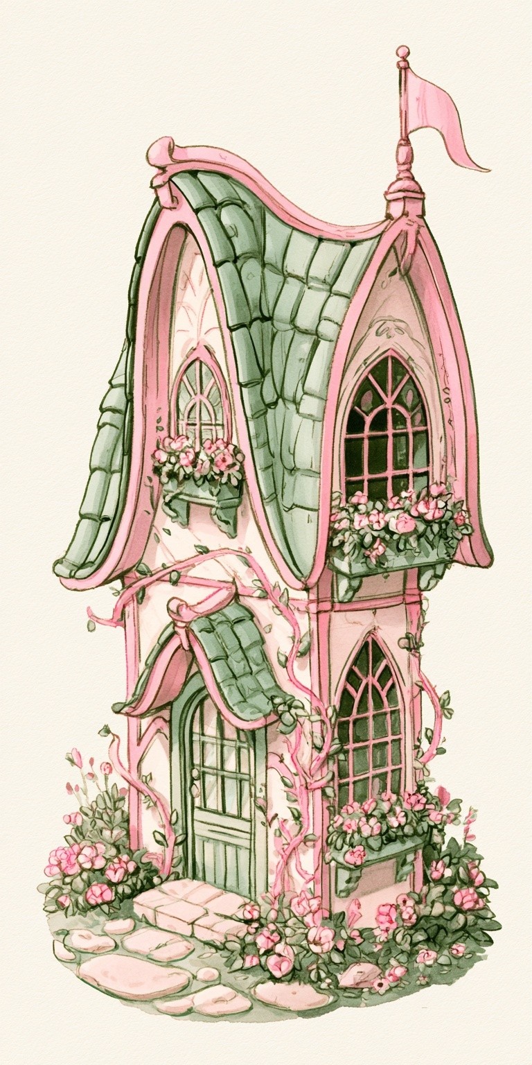 Cute marker illustration of whimsical pink fairy cottage with...