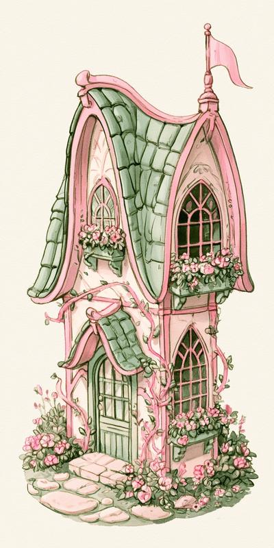 Cute marker illustration of whimsical pink fairy cottage with...
