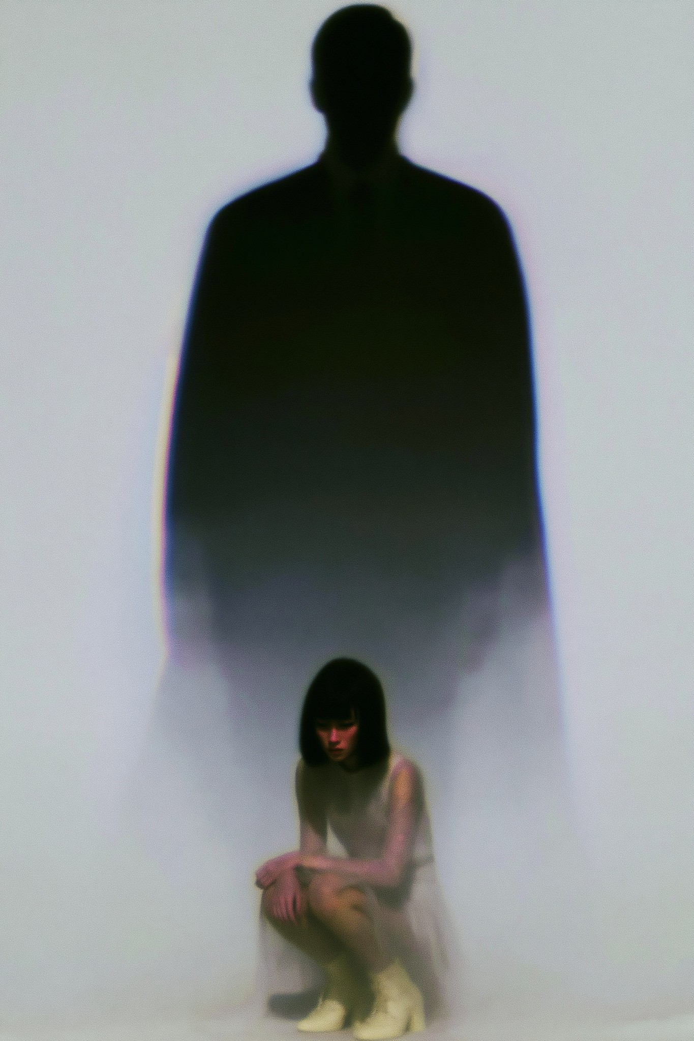Large shadow towering over a crouching girl...