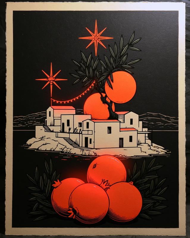 Mediterranean Christmas folk-art illustration coastal village at night oranges...
