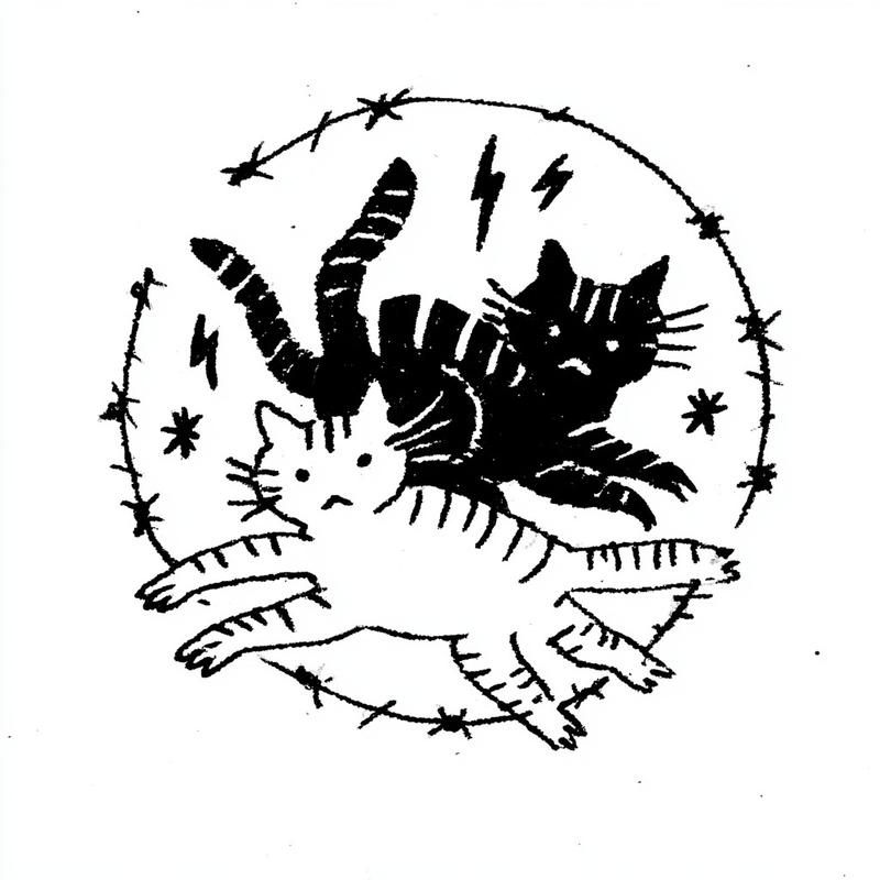 two striped cats loosely filling a rough circular shape...