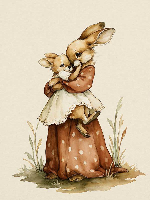 an intricate watercolor painting depicting a cute happy mother...