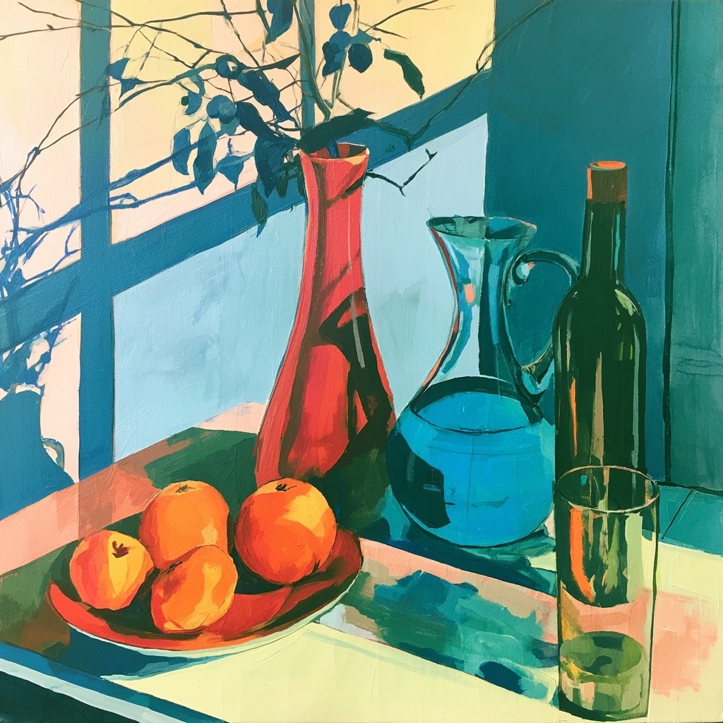 acrylic painting in split complimentary colour scheme still life...