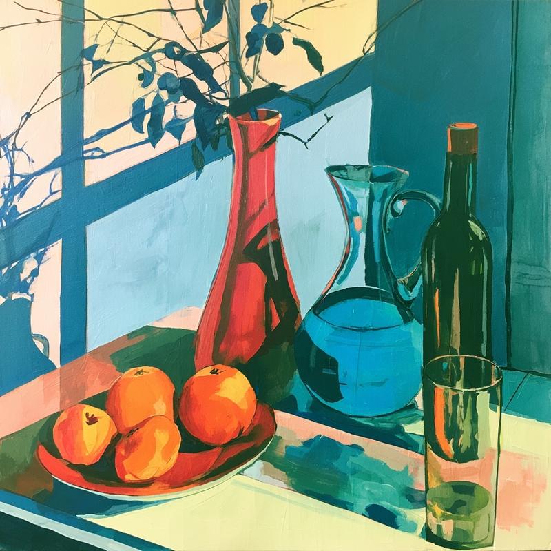 acrylic painting in split complimentary colour scheme still life...