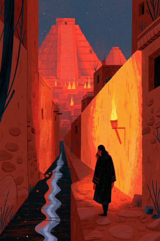 Acatl walks alone through empty Tenochtitlan streets in the...
