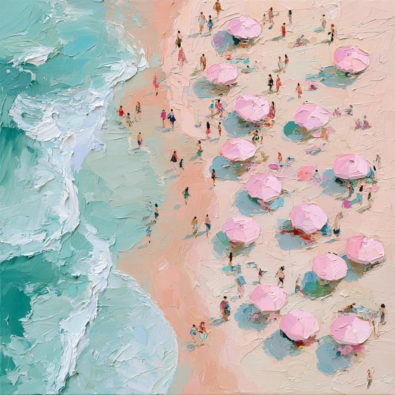 Aerial top-down view of a crowded summer beach pink...