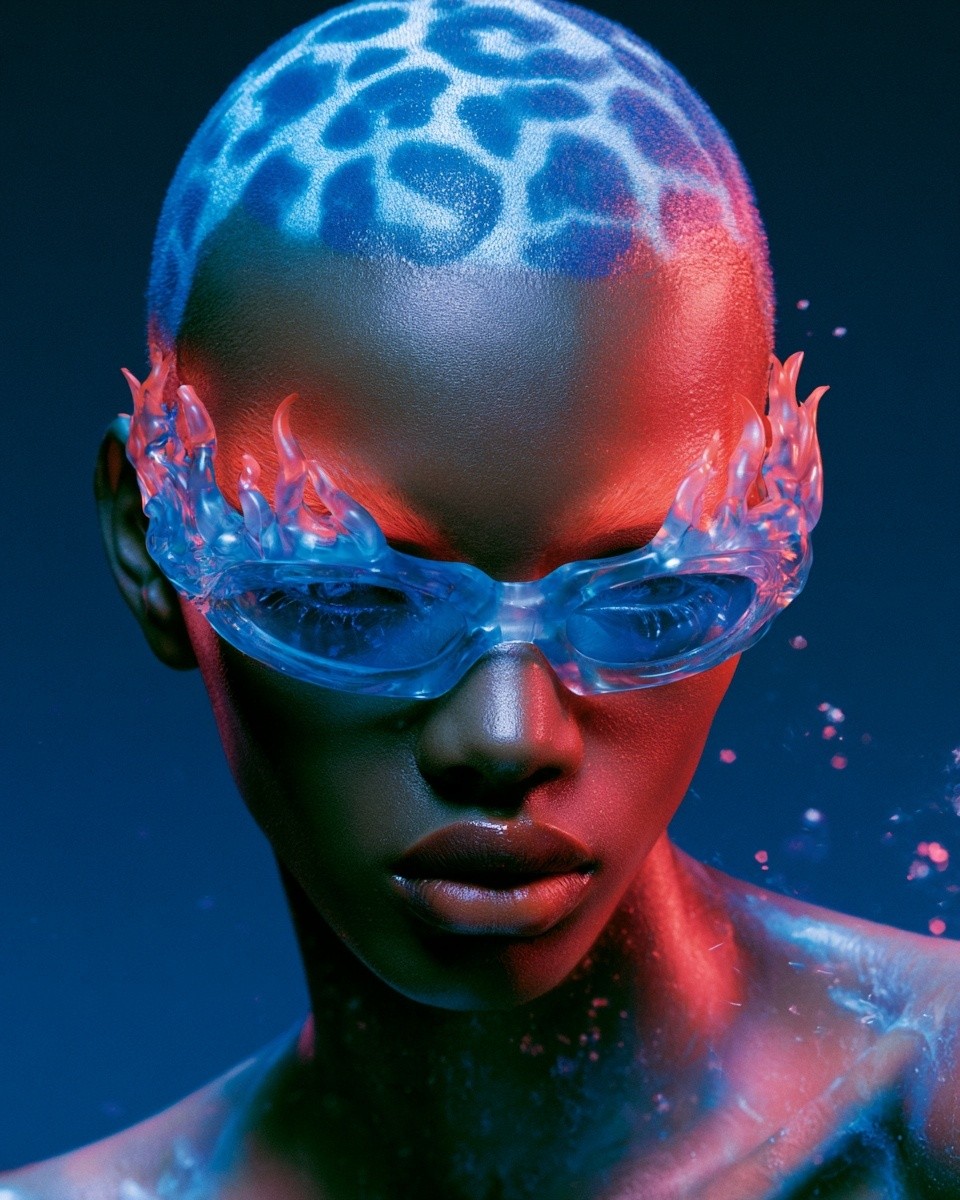 A high-fashion portrait of a person with a futuristic...