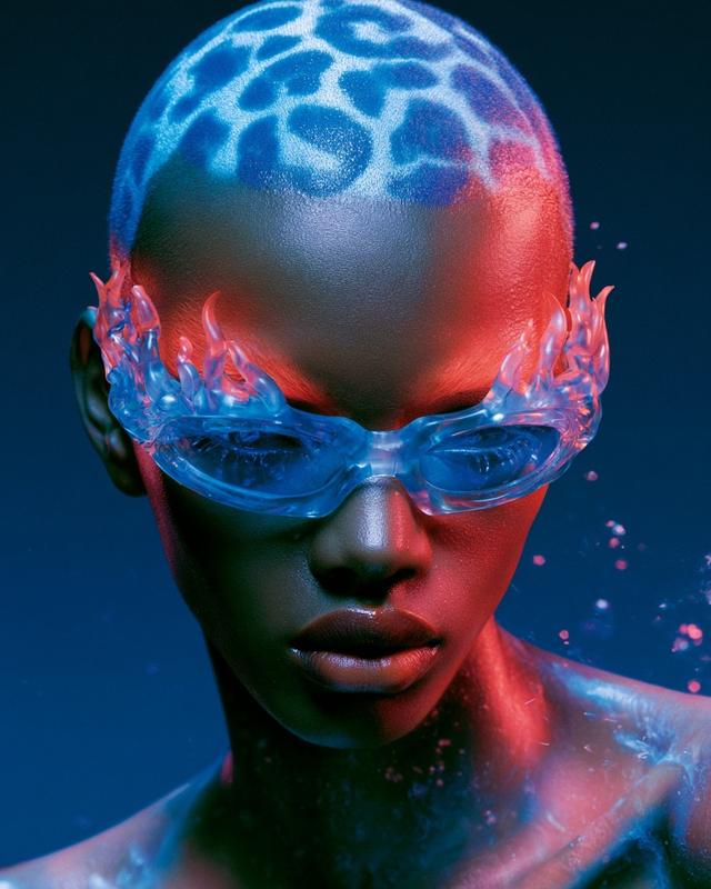A high-fashion portrait of a person with a futuristic...