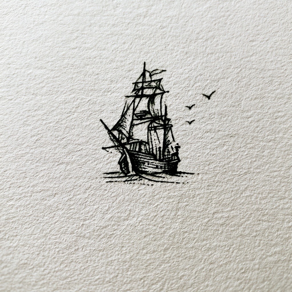 minimal line art of a small pirate ship ultra...