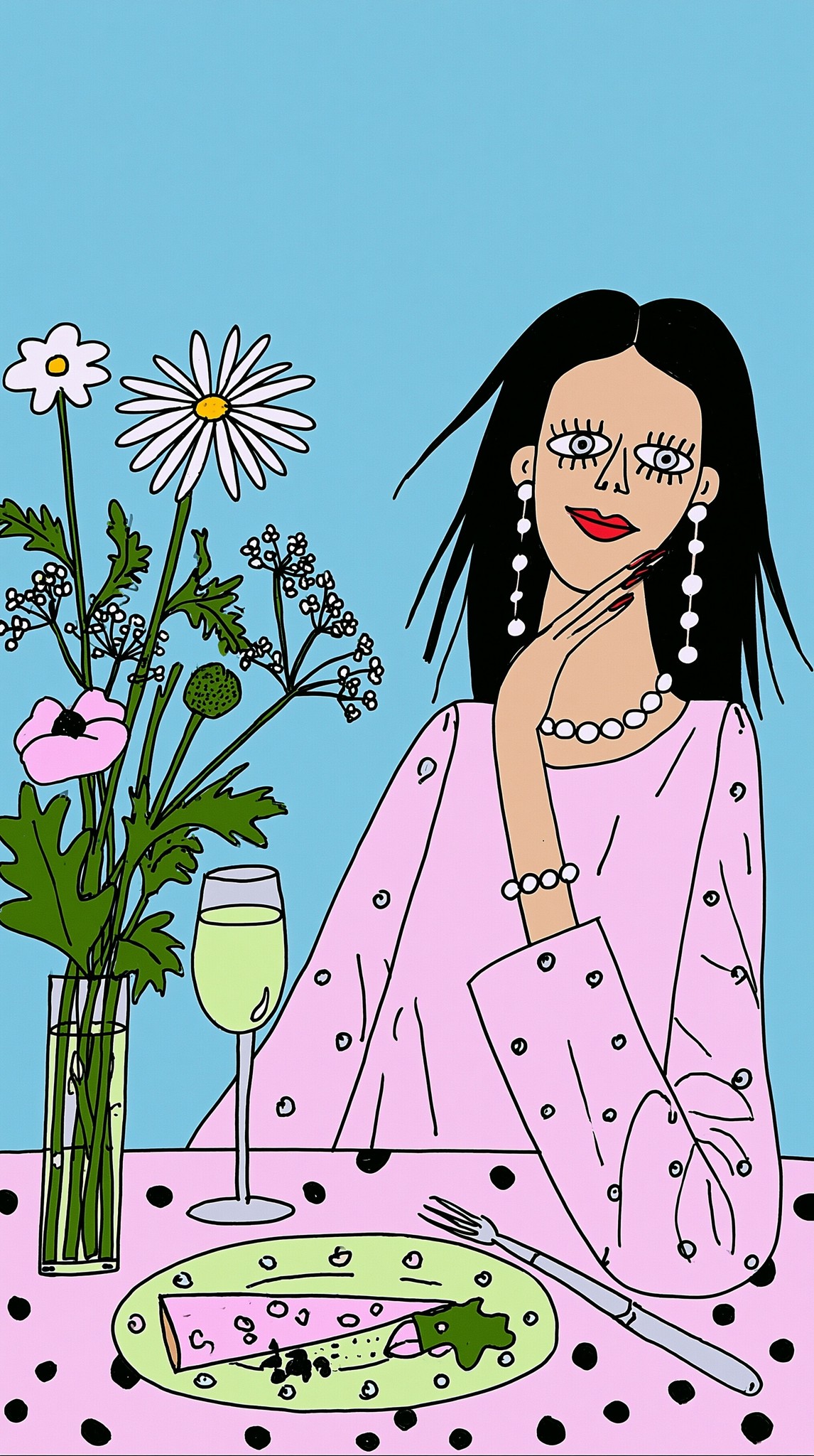 a elegant female having dinner wine flowers happy...