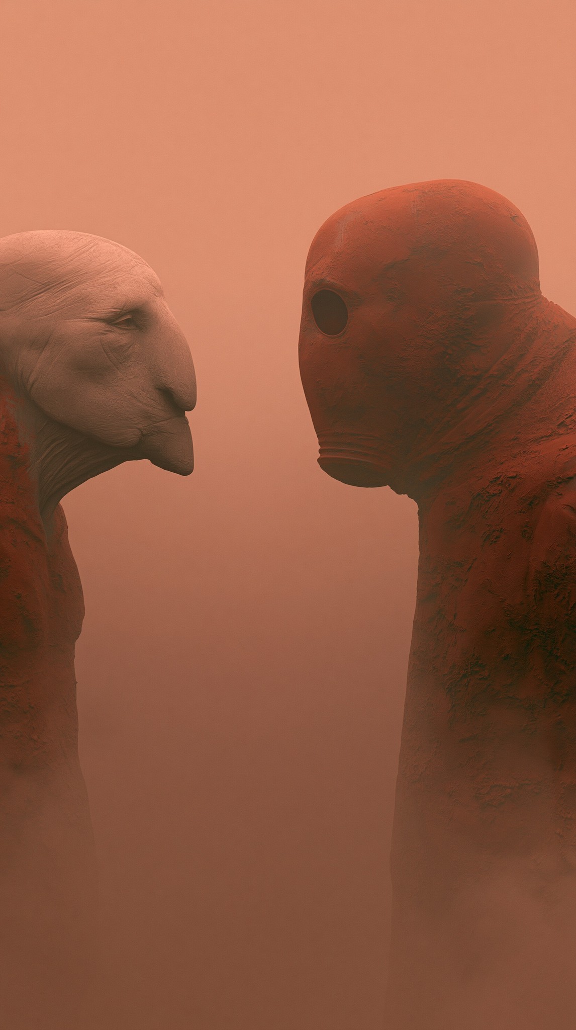 two human-adjacent beings face-to-face medium close framing same species...
