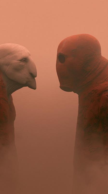 two human-adjacent beings face-to-face medium close framing same species...