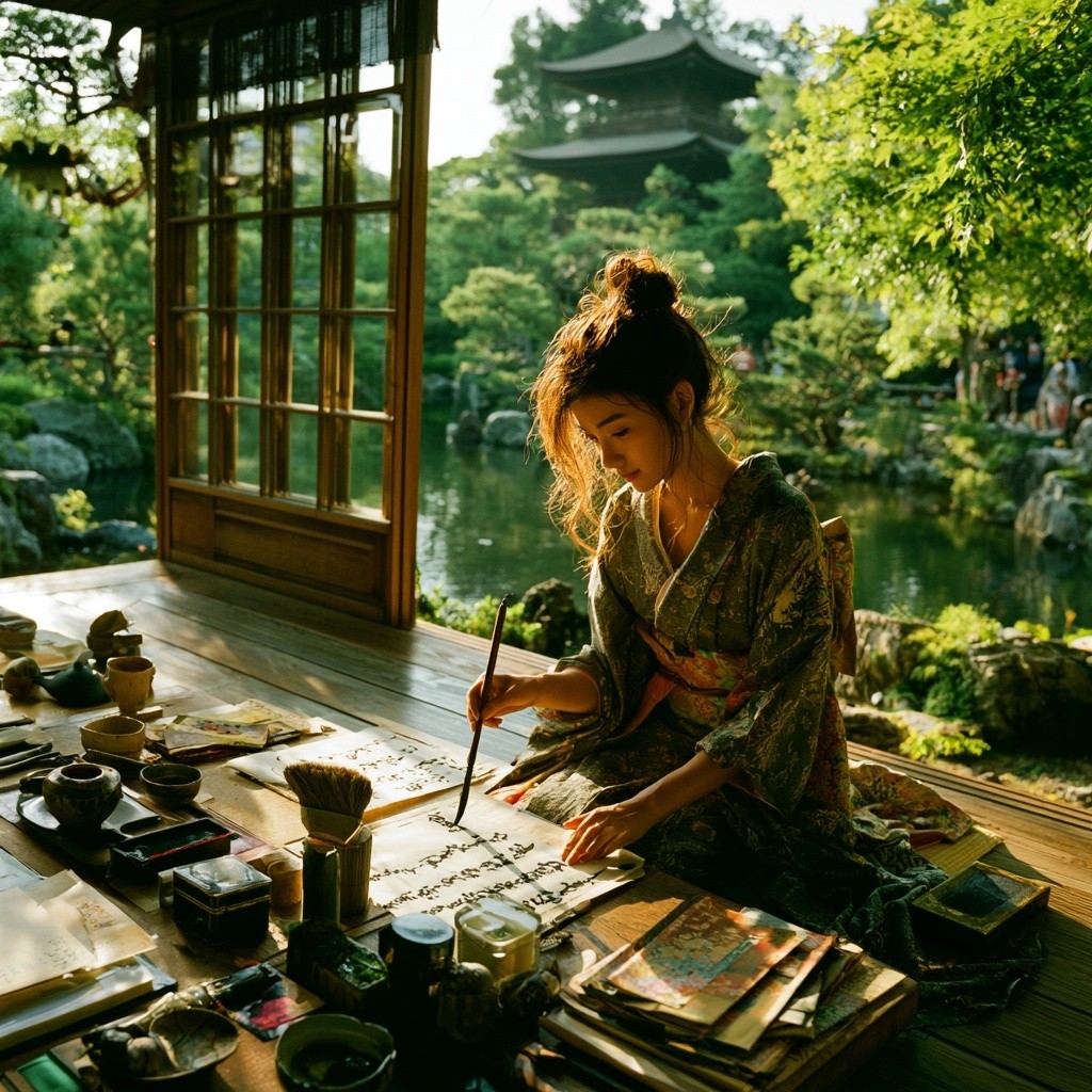 real photo Japanese woman seated on a wooden platform...