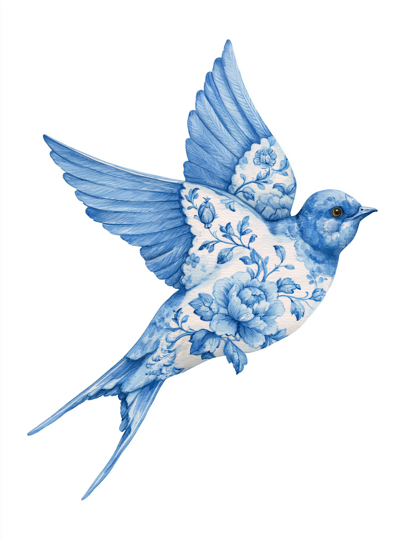 hand-painted Delft blue watercolor clipart elegant swallow soaring gracefully...