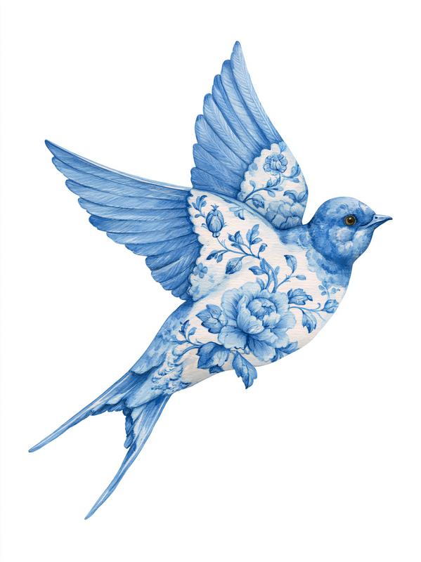 hand-painted Delft blue watercolor clipart elegant swallow soaring gracefully...