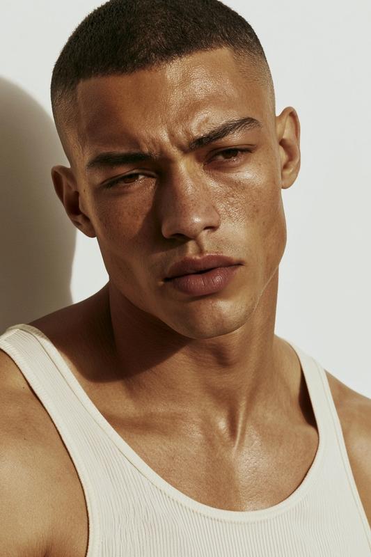 Ultra realistic editorial portrait young man warm medium tan...