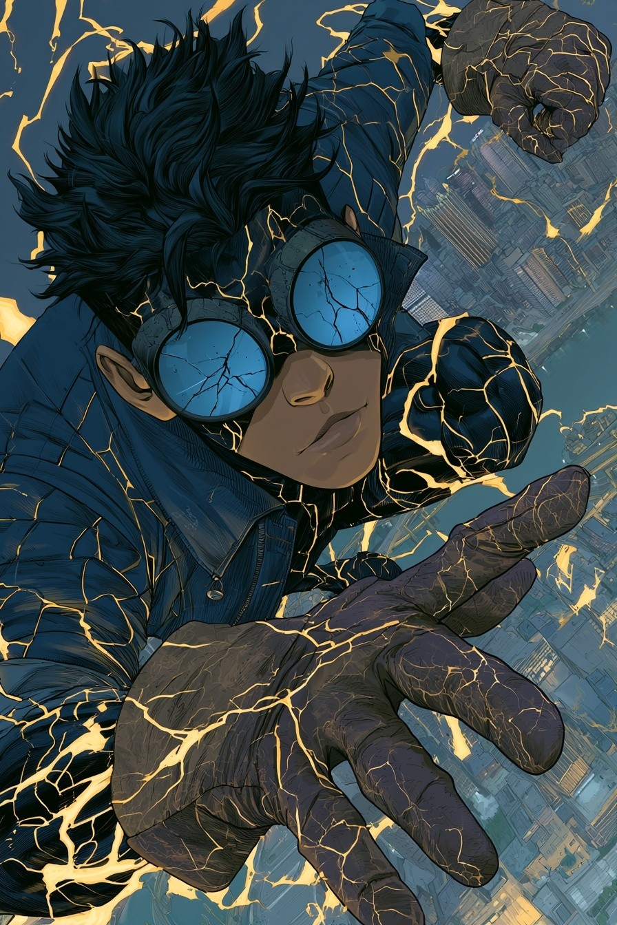 Young male superhero in dark midnight-blue and black segmented...