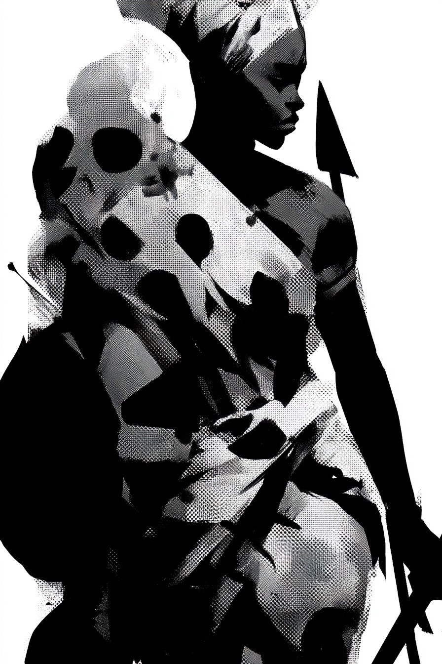 A full-body Dinka-inspired guardian with extraordinarily tall proportions flowing...