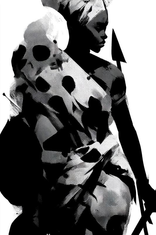 A full-body Dinka-inspired guardian with extraordinarily tall proportions flowing...