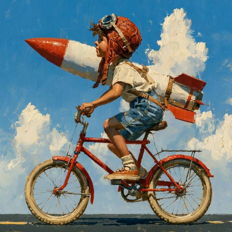 A child on a red bicycle The boy is...