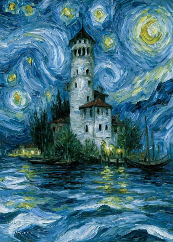 different color white iridescent castle tower on island on...