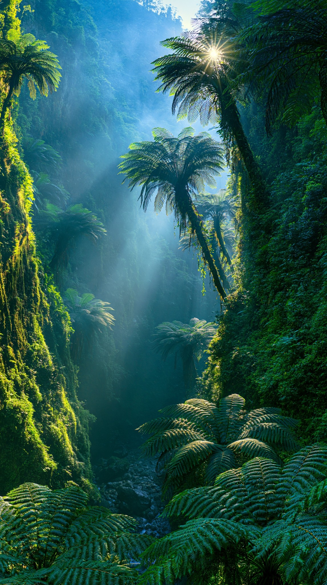 A prehistoric canyon filled with enormous ancient tree ferns...