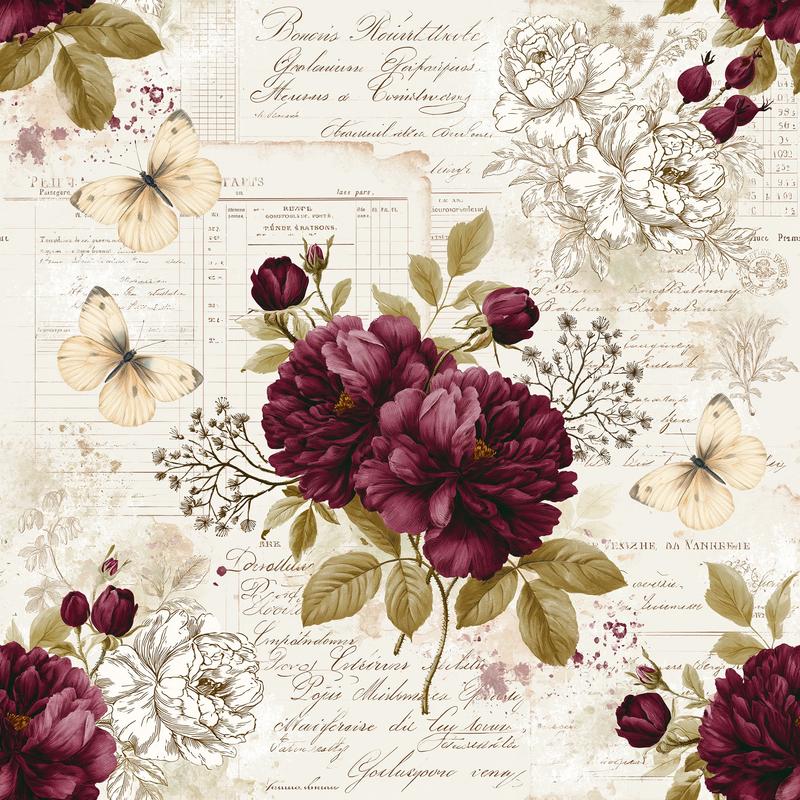 Scrapbooking paper featuring a romantic vintage botanical collage blending...