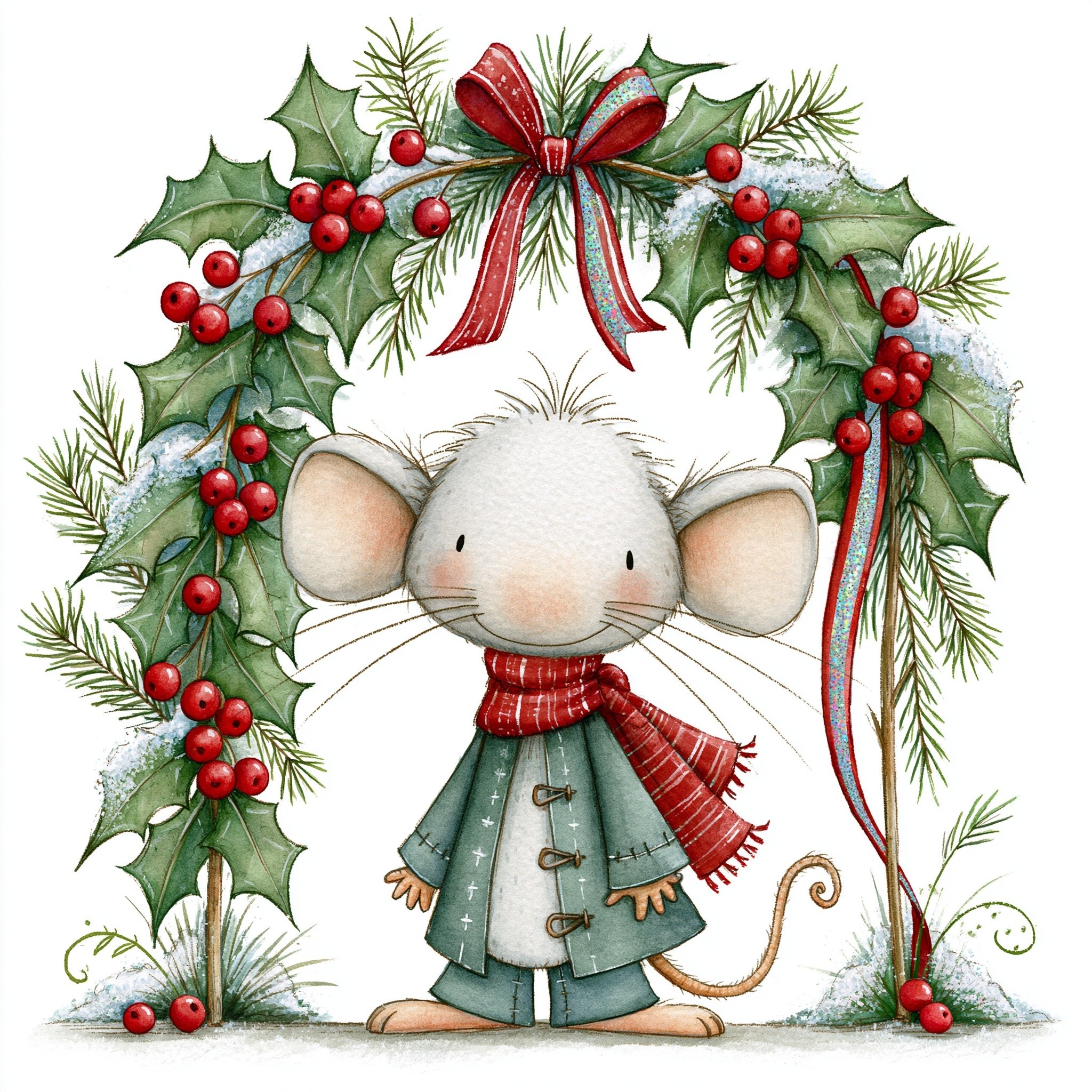 whimsical watercolor illustration of a cute woodland Christmas mouse...