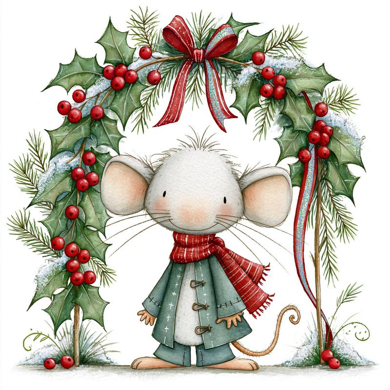 whimsical watercolor illustration of a cute woodland Christmas mouse...