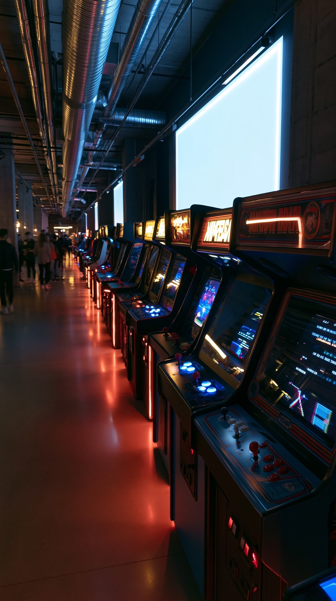 oldskool arcadehall with a huge blanc white billboard on...