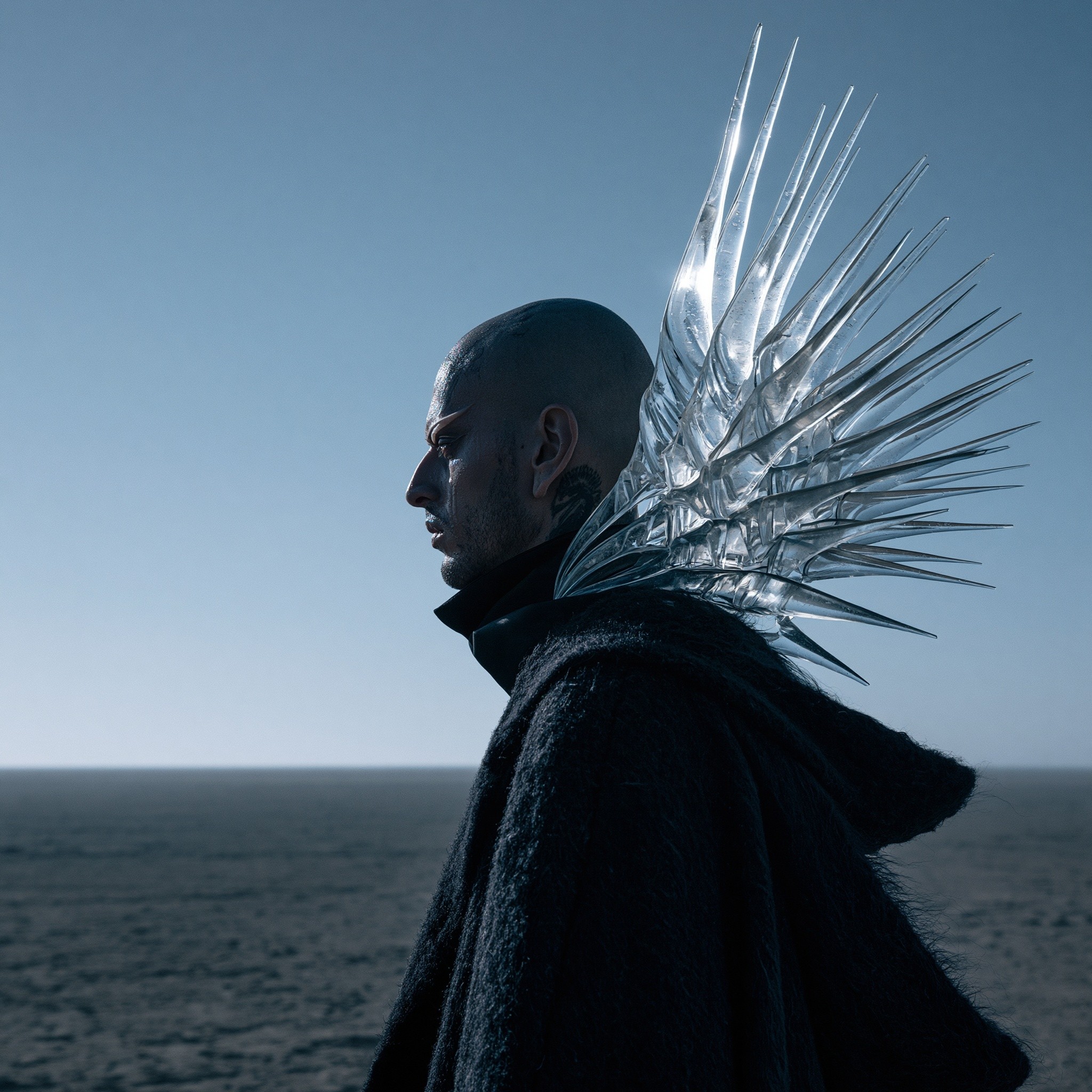 avant-garde fashion editorial front profile of a modern alien...