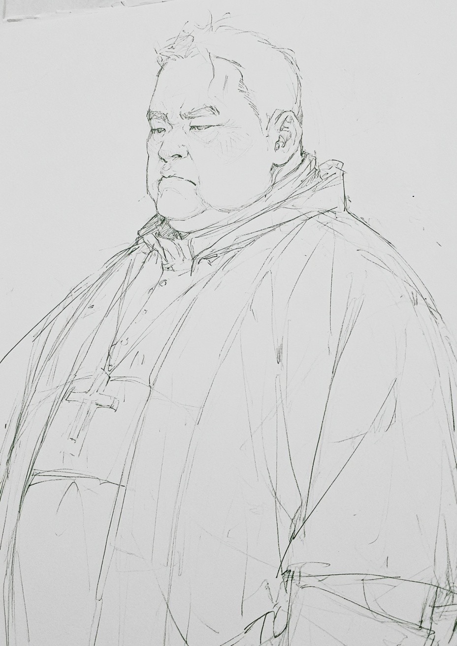 Realistic simple pencil portrait of a priest overweight plain...