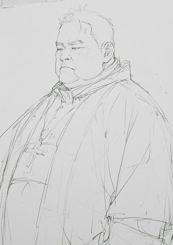 Realistic simple pencil portrait of a priest overweight plain...