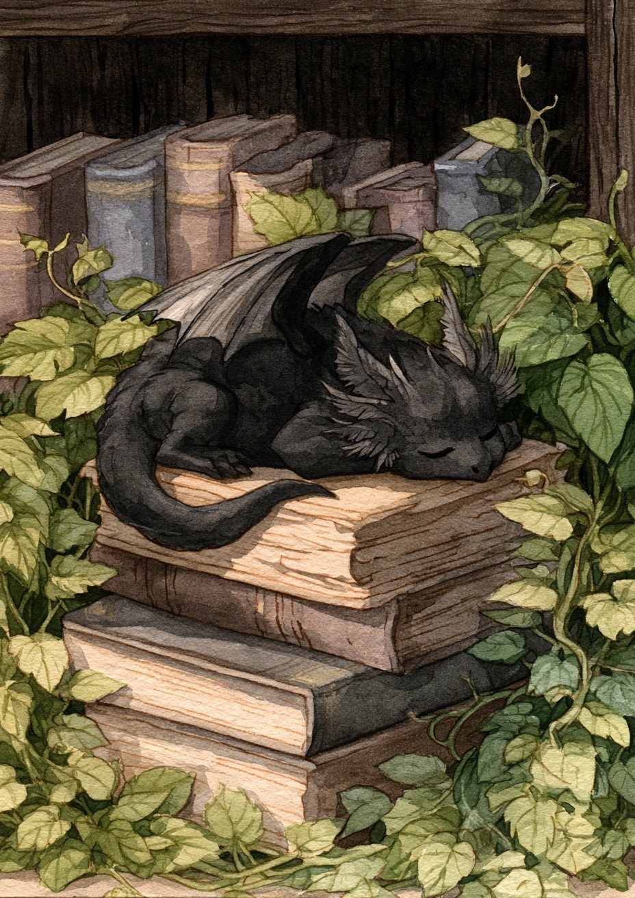 a watercolor painting features a small black dragon asleep...