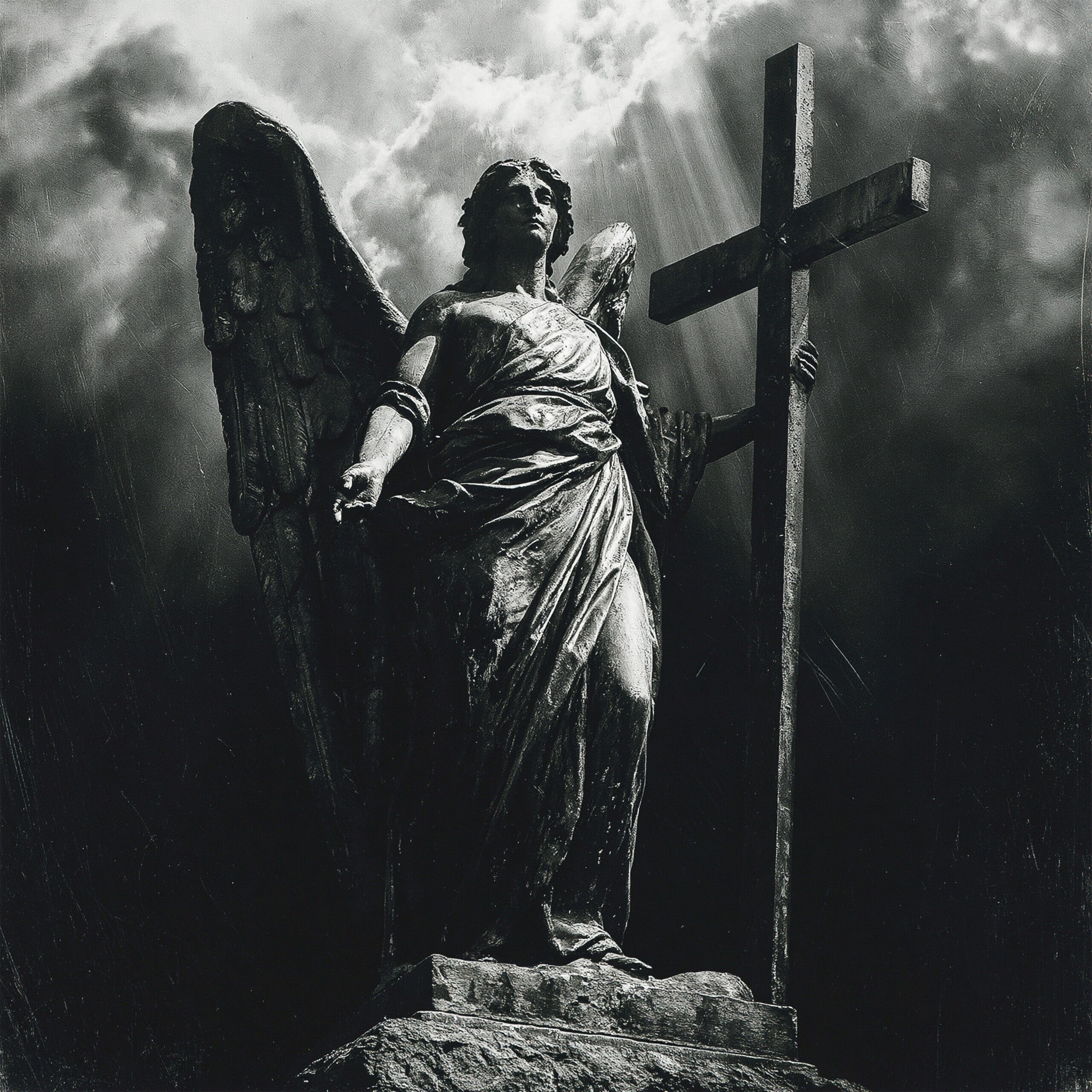 female statue holding a cross against dramatic stormy clouds...