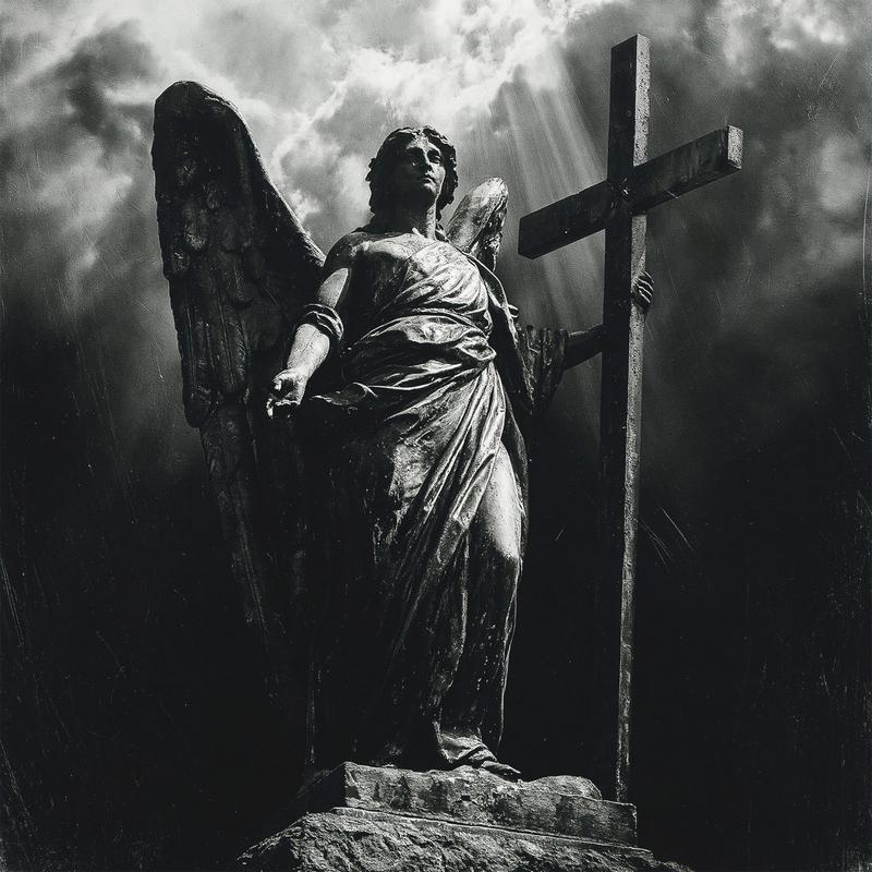 female statue holding a cross against dramatic stormy clouds...